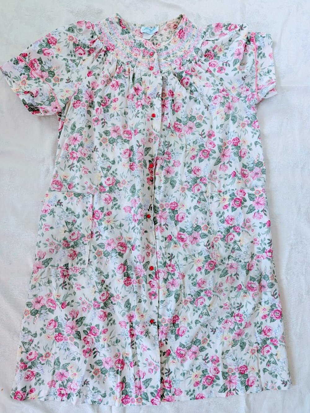 VTG Leisure Life Floral House Dress Nightgown M/L Pink Button Front Pockets Mumu